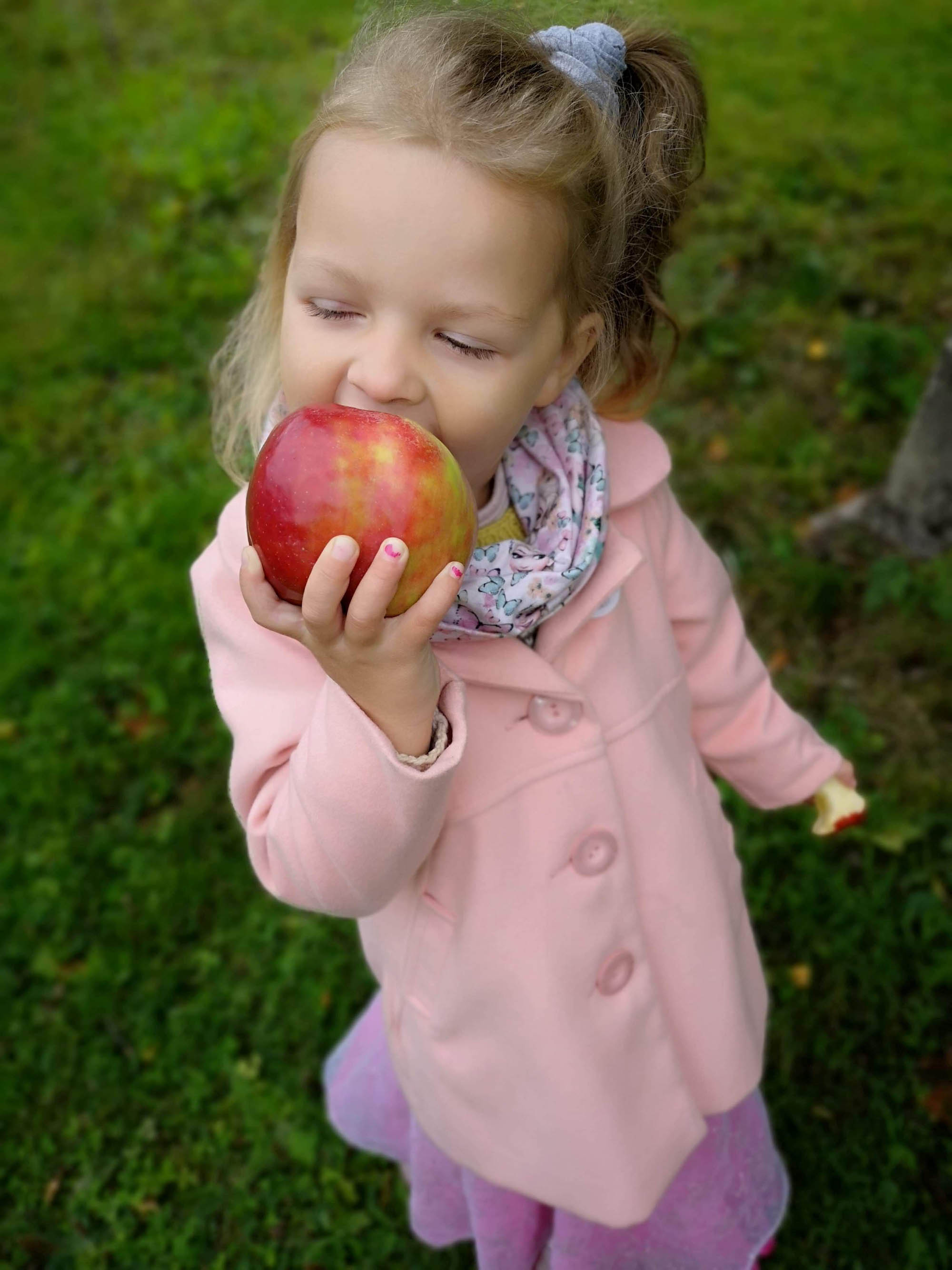 Jente som spiser eple på Lier Bygdetun